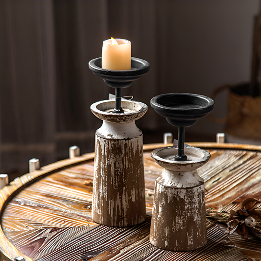 Rustic Worn-Out Paint Candle Stand - Wood And Metal Vintage Style, Small And Large Decorative Candlestick for Home or Desktop Decor