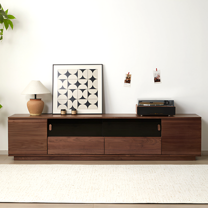 Solid Wood Black Walnut TV Unit – Modern Low Media Console with Storage