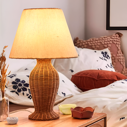 Japanese Style Rattan Bedside Table Lamp - Handmade Woven Nightstand Light for Bedroom And Living Room Décor