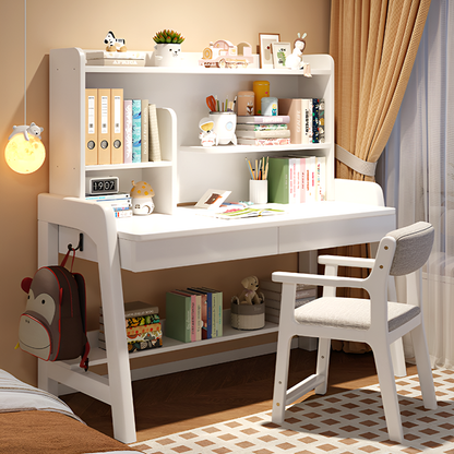 Solid Wood Kids Study Desk and Chair Set with Bookshelf and 2 Storage Drawers, Adjustable Height, 5 Colors, for Home or Bedroom