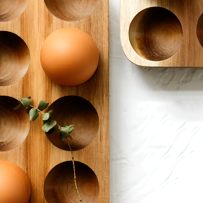 Acacia Wood Double Row Egg Tray – 12-Hole Solid Wood Egg Holder for Kitchen and Refrigerator Storage