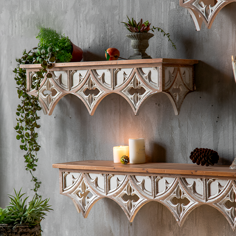 Handcrafted Rustic Wooden Wall Shelf – Vintage Carved Wall Décor for Living Room, Kitchen, or Café