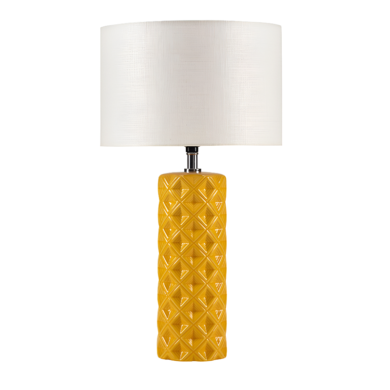 Mid-Century Modern Yellow Ceramic Table Lamp – Geometric Pattern and Fabric Shade