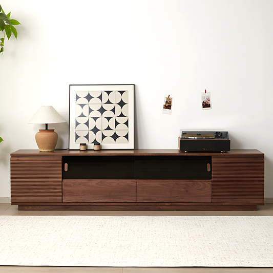 Solid Wood Black Walnut TV Unit – Modern Low Media Console with Storage