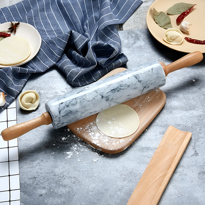 Natural Marble Rolling Pin with Wooden Handles and Base