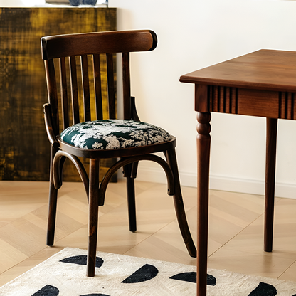 French Nordic Solid Wood Dining Chair – Coastal Vintage Floral Upholstered Accent Chair for Dining Room, Walnut & French Colors