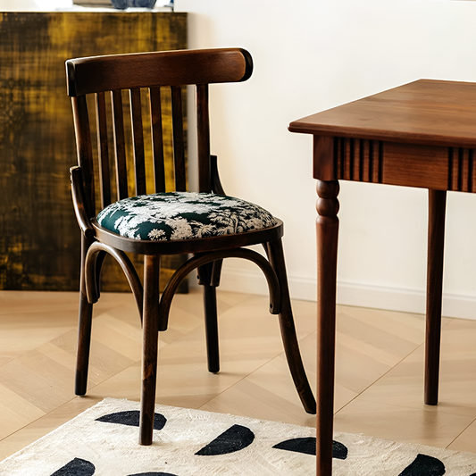 French Nordic Solid Wood Dining Chair – Coastal Vintage Floral Upholstered Accent Chair for Dining Room, Walnut & French Colors