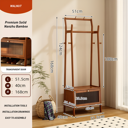 Solid Bamboo Coat Rack with Storage – Floor-Standing Clothes Hanger in Natural or Walnut Finish, 2 Sizes (51.5×40×168cm & 69×40×168cm)