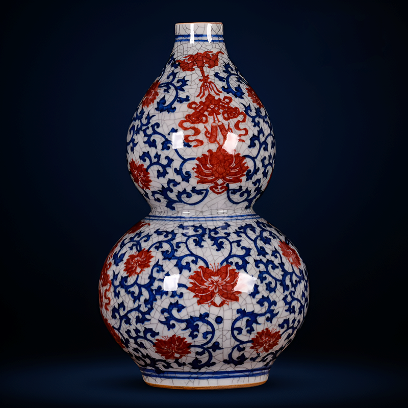 Hand-Painted Antique-Style Blue And White Red Lotus Crackle Glaze Ceramic Vase with Wooden Base And Collector’s Certificate