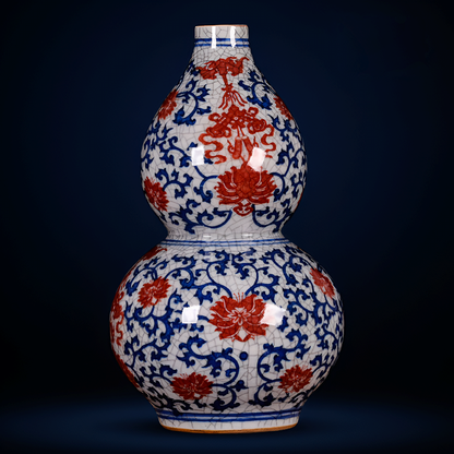 Hand-Painted Antique-Style Blue And White Red Lotus Crackle Glaze Ceramic Vase with Wooden Base And Collector’s Certificate