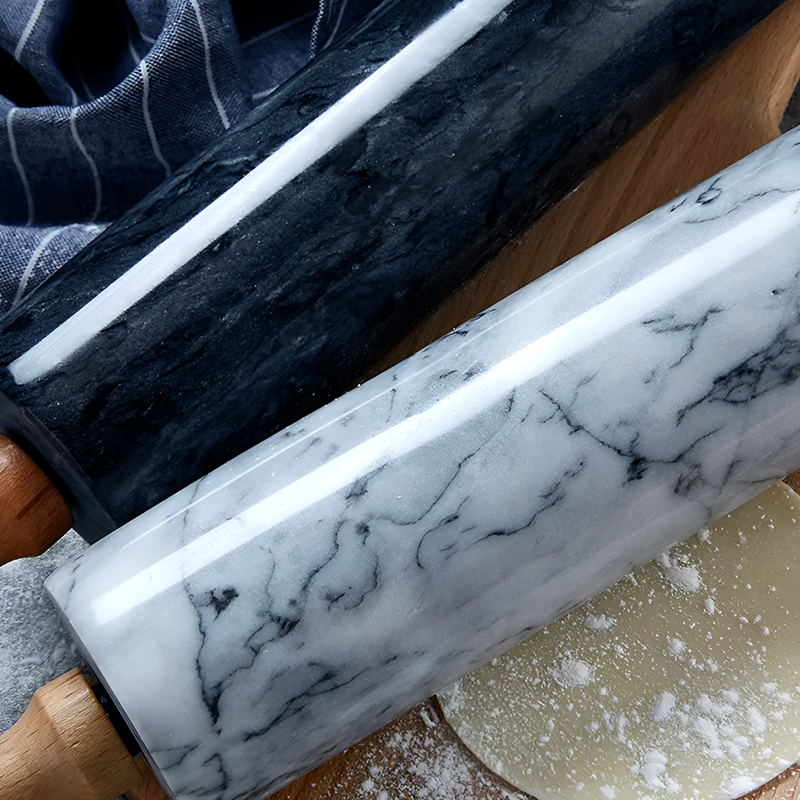 Natural Marble Rolling Pin with Wooden Handles and Base