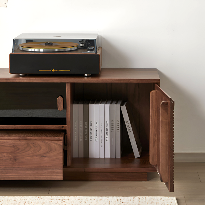 Solid Wood Black Walnut TV Unit – Modern Low Media Console with Storage