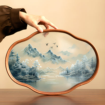 Retro-Style Bamboo & Glass Tray – Hand-Painted Landscape & Floral Design