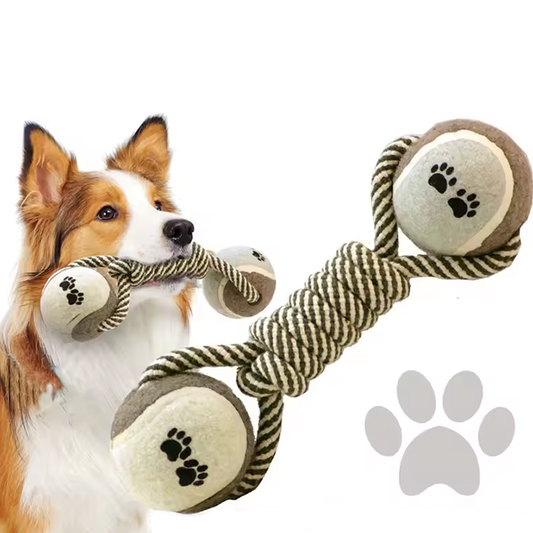 Dog Dumbbell Rope Chew Toy – Durable Cotton Rope and Tennis Ball for Teeth Cleaning and Play