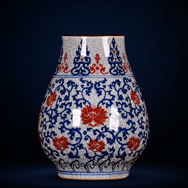 Hand-Painted Antique-Style Blue And White Red Lotus Crackle Glaze Ceramic Vase with Wooden Base And Collector’s Certificate