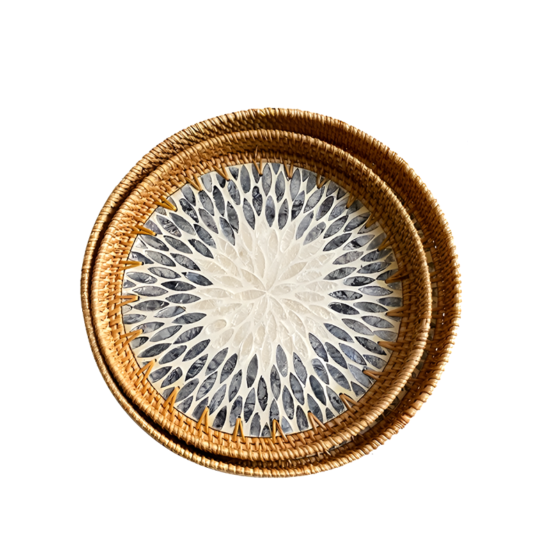 Handmade Rattan and Shell Mosaic Trays – Set of 2 - Coastal Boho Decorative Serving Trays