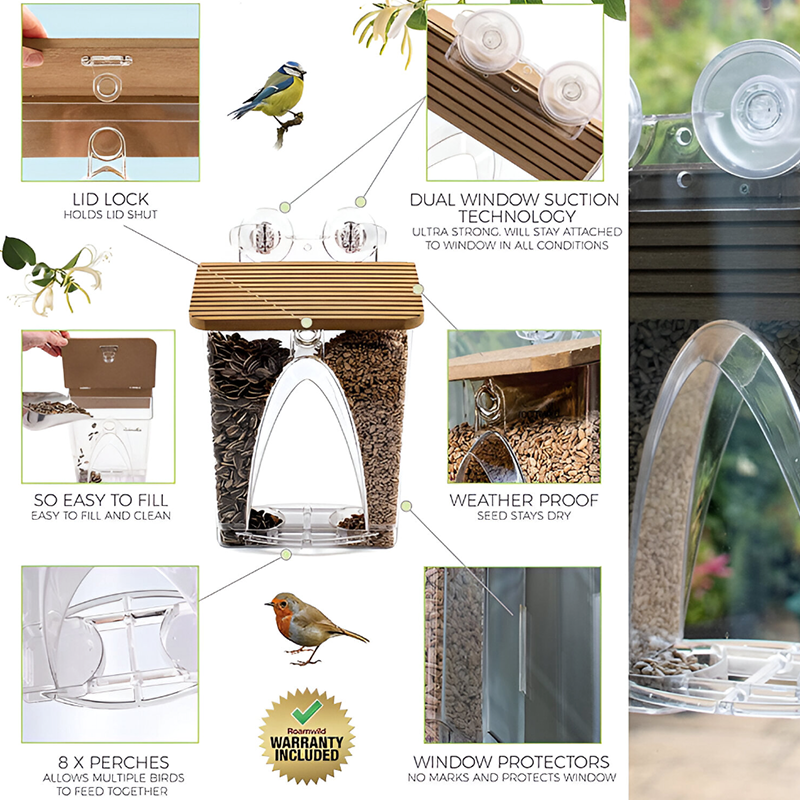 Clear View Window Bird Feeder – Large 4LB Capacity - Easy Fill & Clean - Weatherproof with Strong Suction Cups