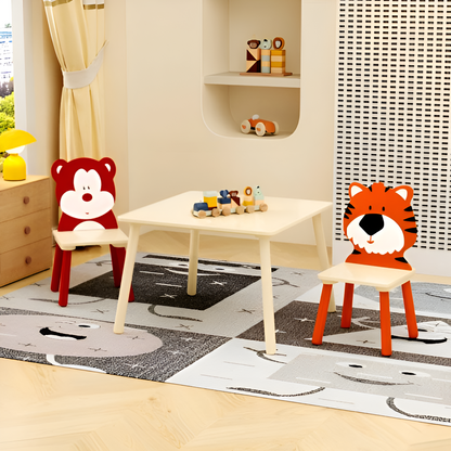 Kids Wooden Table and Chair Set – 3-Piece Animal Theme Activity Furniture (Bear & Tiger) – Child-Sized Play Table for Toddlers & Preschoolers