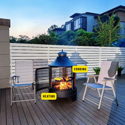 75x124cm Outdoor Fire Pit Grill Stove – Multi-Functional BBQ Heater with Cast Iron Mesh, Rake & Rain Cover