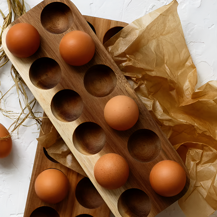 Acacia Wood Double Row Egg Tray – 12-Hole Solid Wood Egg Holder for Kitchen and Refrigerator Storage