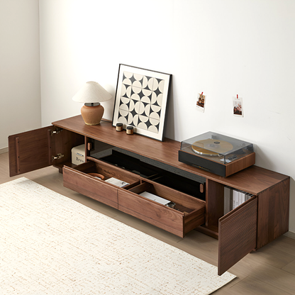 Solid Wood Black Walnut TV Unit – Modern Low Media Console with Storage