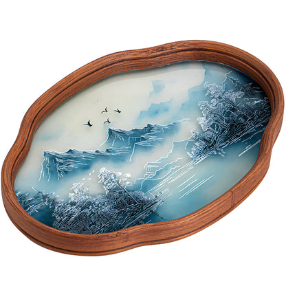 Retro-Style Bamboo & Glass Tray – Hand-Painted Landscape & Floral Design