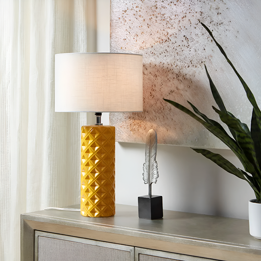 Mid-Century Modern Yellow Ceramic Table Lamp – Geometric Pattern and Fabric Shade