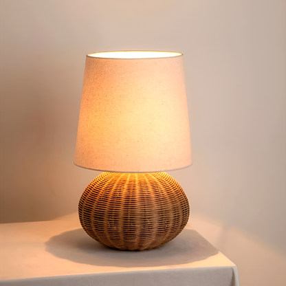 Japanese Style Rattan Bedside Table Lamp - Handmade Woven Nightstand Light for Bedroom And Living Room Décor