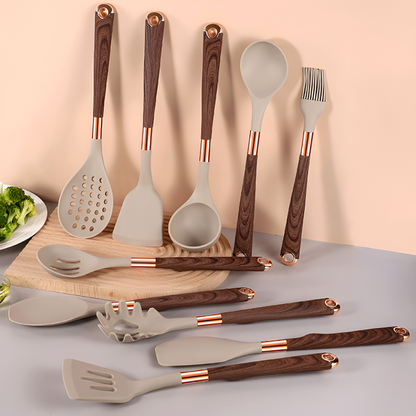 12-Piece Silicone & Wood Grain Kitchen Utensil Set – Heat-Resistant Non-Stick Cooking Tools