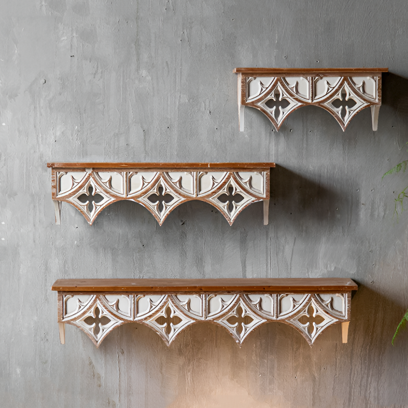 Handcrafted Rustic Wooden Wall Shelf – Vintage Carved Wall Décor for Living Room, Kitchen, or Café