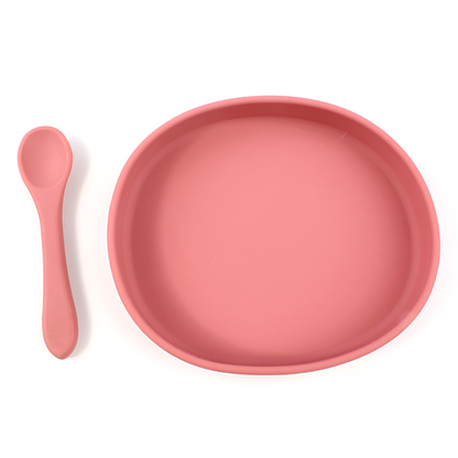 Silicone Baby Feeding Plate and Spoon Set – Oval Non-Slip Dish for Toddlers - Available in 9 Colors