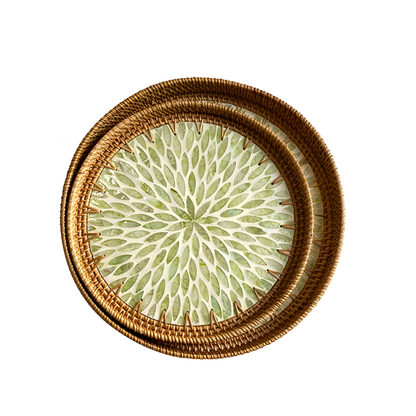 Handmade Rattan and Shell Mosaic Trays – Set of 2 - Coastal Boho Decorative Serving Trays