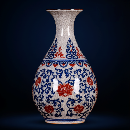 Hand-Painted Antique-Style Blue And White Red Lotus Crackle Glaze Ceramic Vase with Wooden Base And Collector’s Certificate
