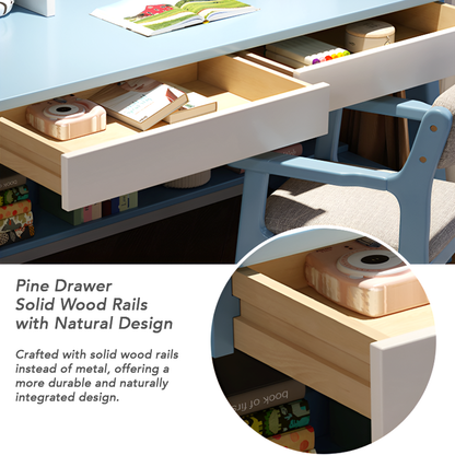 Solid Wood Kids Study Desk and Chair Set with Bookshelf and 2 Storage Drawers, Adjustable Height, 5 Colors, for Home or Bedroom