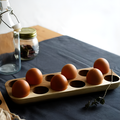 Acacia Wood Double Row Egg Tray – 12-Hole Solid Wood Egg Holder for Kitchen and Refrigerator Storage