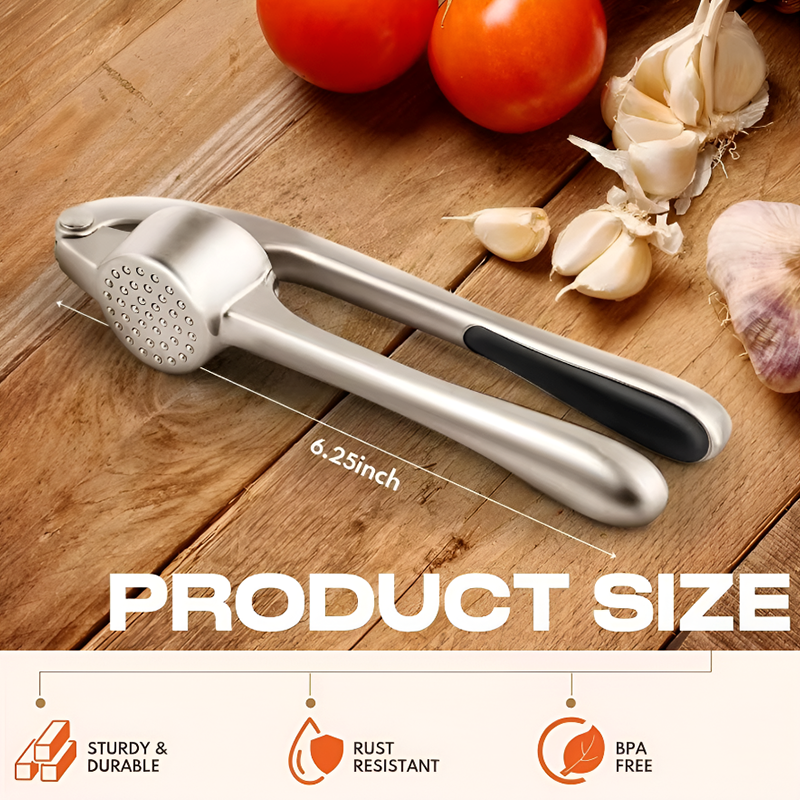 Premium Garlic Press Set – Zinc Alloy Stainless Steel Crusher with Peeler and Cleaning Brush
