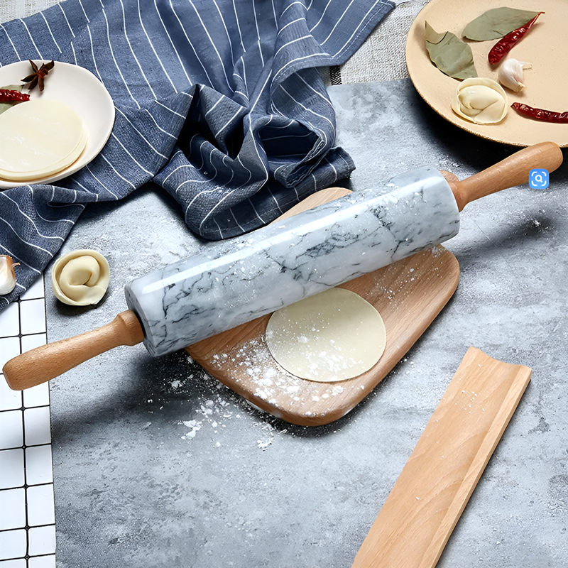 Natural Marble Rolling Pin with Wooden Handles and Base