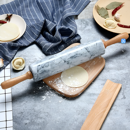 Natural Marble Rolling Pin with Wooden Handles and Base