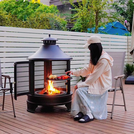 75x124cm Outdoor Fire Pit Grill Stove – Multi-Functional BBQ Heater with Cast Iron Mesh, Rake & Rain Cover