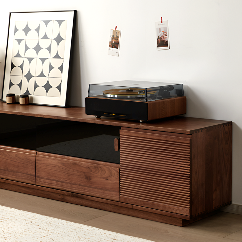 Solid Wood Black Walnut TV Unit – Modern Low Media Console with Storage