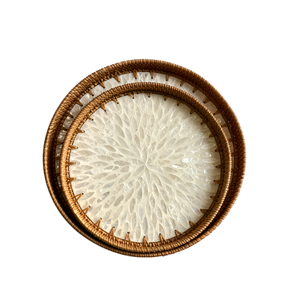 Handmade Rattan and Shell Mosaic Trays – Set of 2 - Coastal Boho Decorative Serving Trays