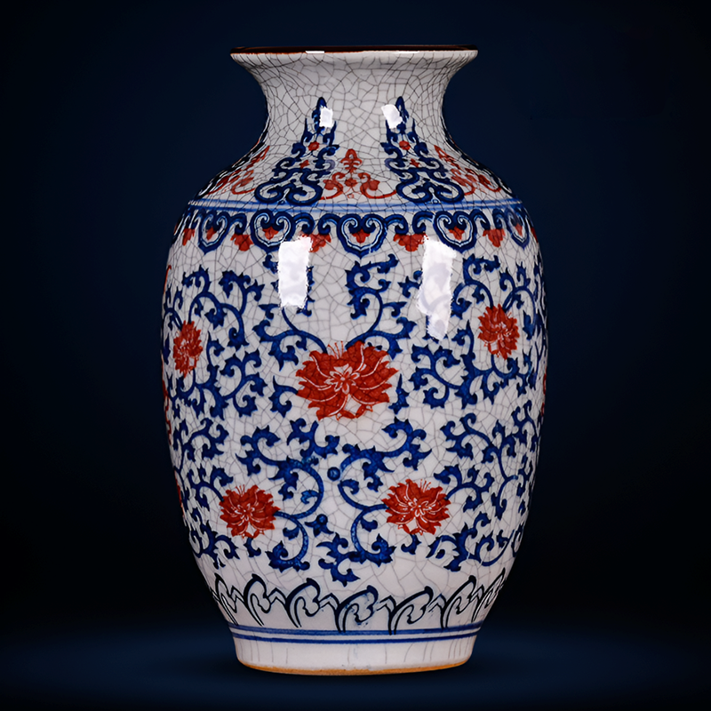 Hand-Painted Antique-Style Blue And White Red Lotus Crackle Glaze Ceramic Vase with Wooden Base And Collector’s Certificate