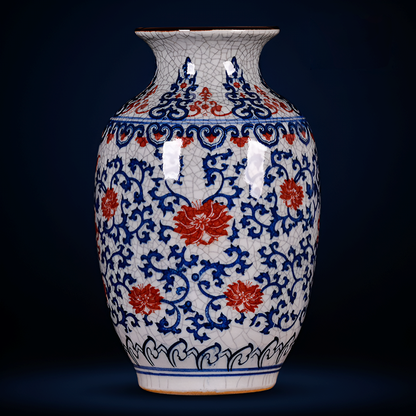 Hand-Painted Antique-Style Blue And White Red Lotus Crackle Glaze Ceramic Vase with Wooden Base And Collector’s Certificate