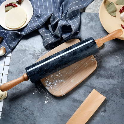 Natural Marble Rolling Pin with Wooden Handles and Base