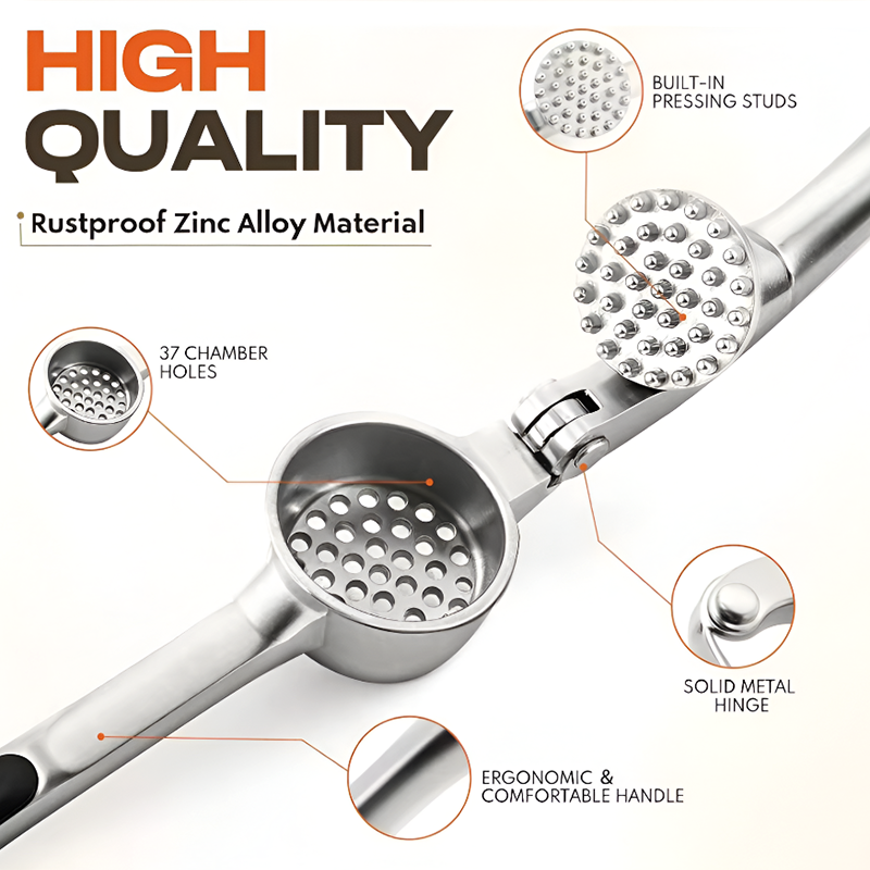 Premium Garlic Press Set – Zinc Alloy Stainless Steel Crusher with Peeler and Cleaning Brush