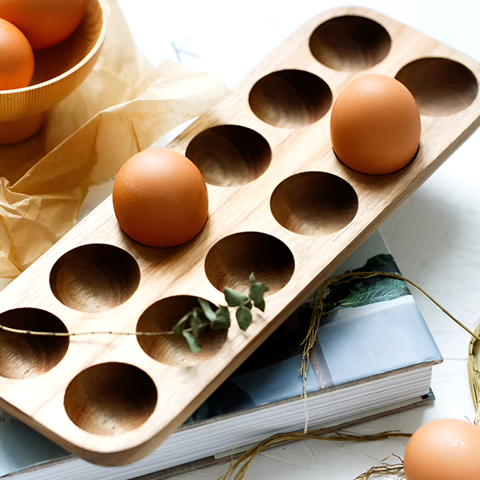 Acacia Wood Double Row Egg Tray – 12-Hole Solid Wood Egg Holder for Kitchen and Refrigerator Storage