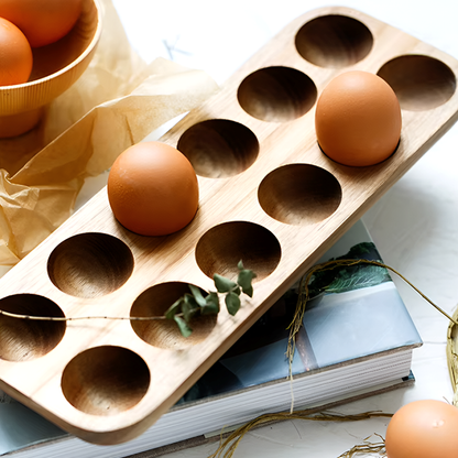 Acacia Wood Double Row Egg Tray – 12-Hole Solid Wood Egg Holder for Kitchen and Refrigerator Storage