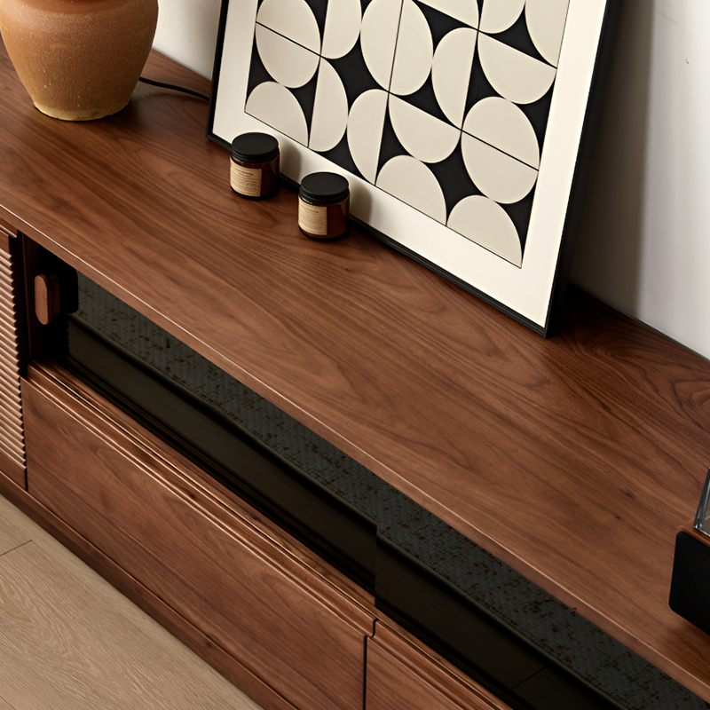 Solid Wood Black Walnut TV Unit – Modern Low Media Console with Storage