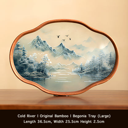 Retro-Style Bamboo & Glass Tray – Hand-Painted Landscape & Floral Design