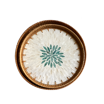 Handmade Rattan and Shell Mosaic Trays – Set of 2 - Coastal Boho Decorative Serving Trays